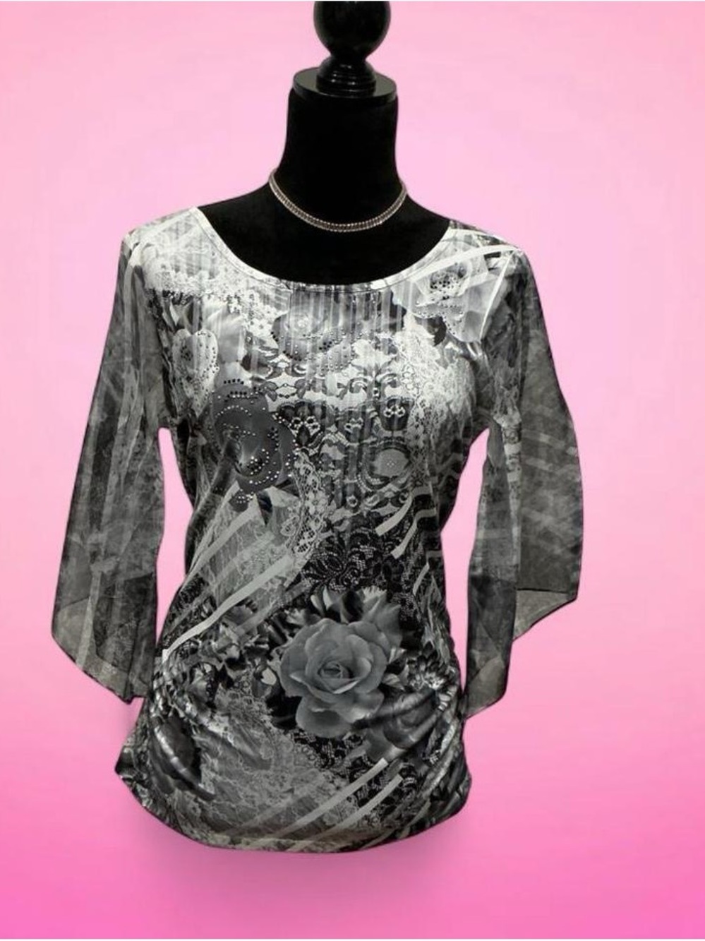 🩶Style & Co. Black and Gray Floral Sheer-Sleeve Blouse